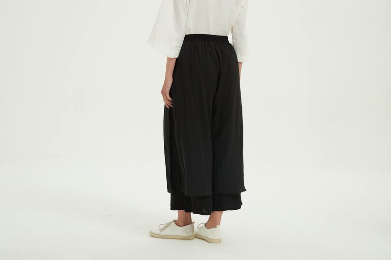 Minibee Women's Wide Leg Pants Loose Layer Capris Palazzo Elastic Waist Trousers Black L - Image 5